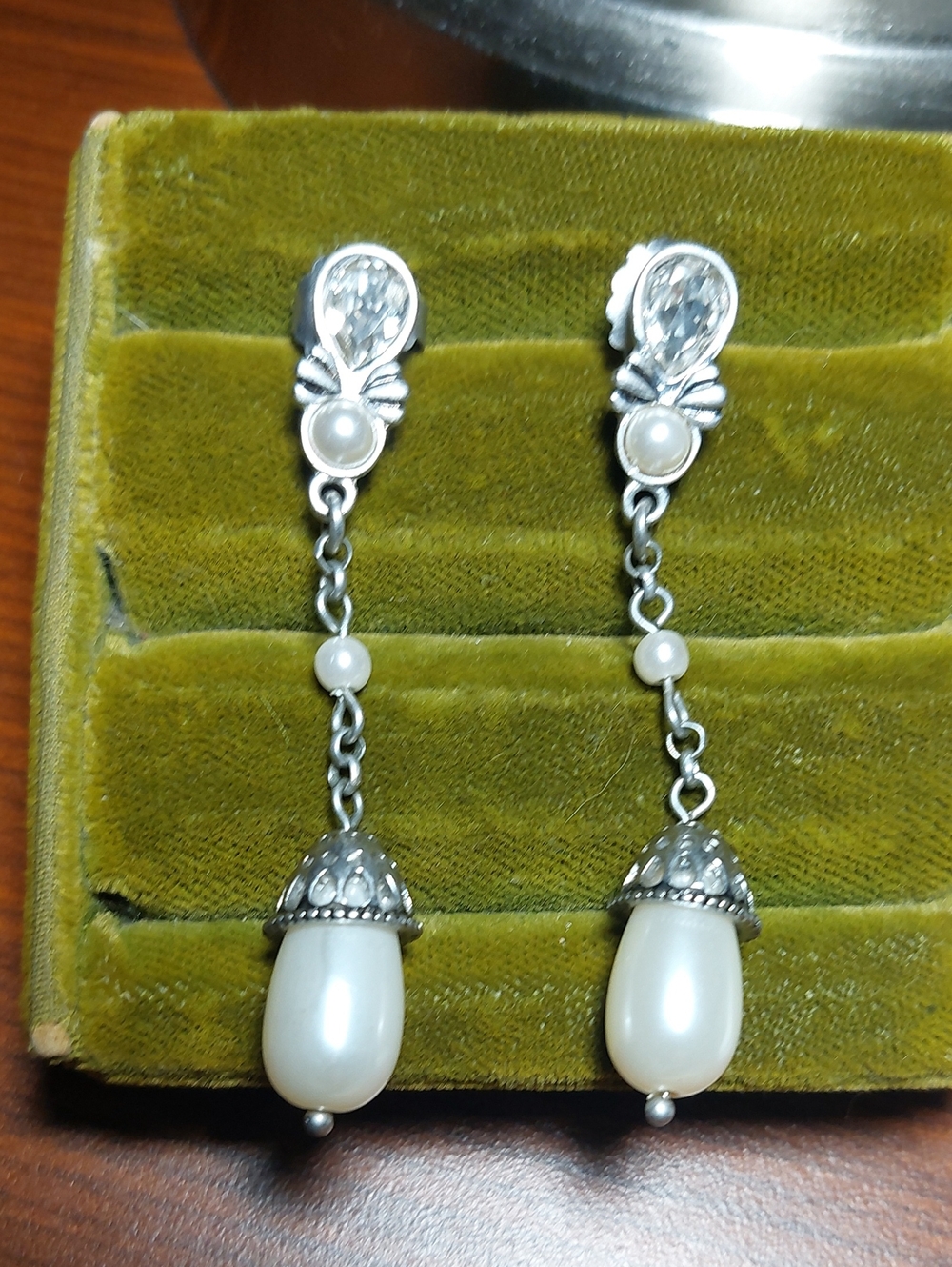 Lia Sophia "Wistful" 2-1/2" Drop Dangle Earrings Silvertone Faux Pearl